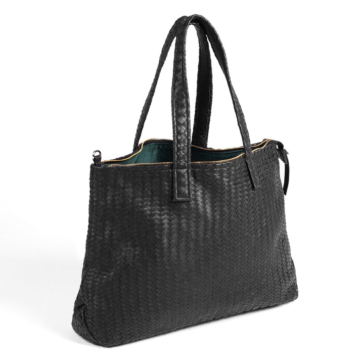 Handmade Woven Original Leather Bag With Zipper-Black - Image 1
