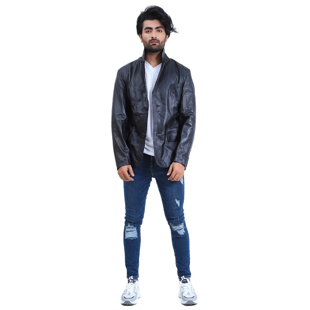 Men's 2 Button Black Leather Coat