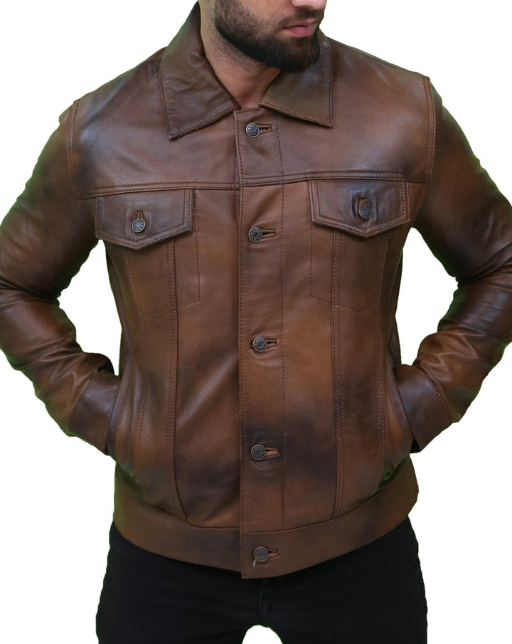 Mens Vintage Classic Leather Trucker Jacket