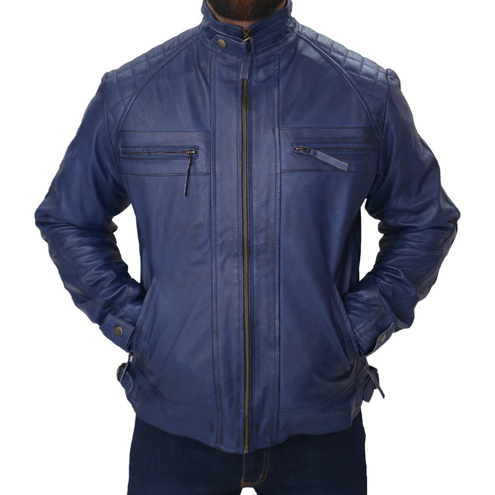 Men's Blue Biker Fashion Slim Fit Pure Leather Jacket