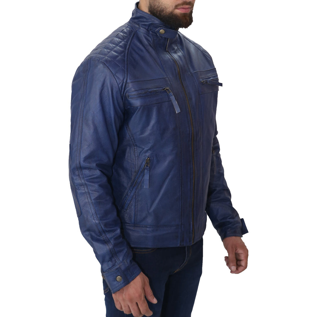 Men's Blue Biker Fashion Slim Fit Pure Leather Jacket