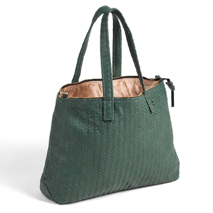 Handmade Woven Original Leather Bag With Zipper-Green - Image 1