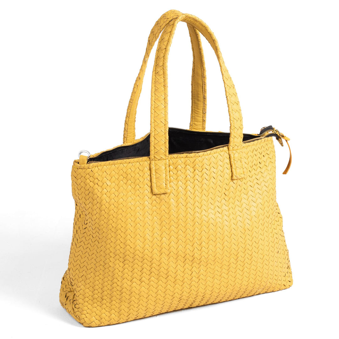 Handmade Woven Original Leather Bag With Zipper-Yellow - Image 1