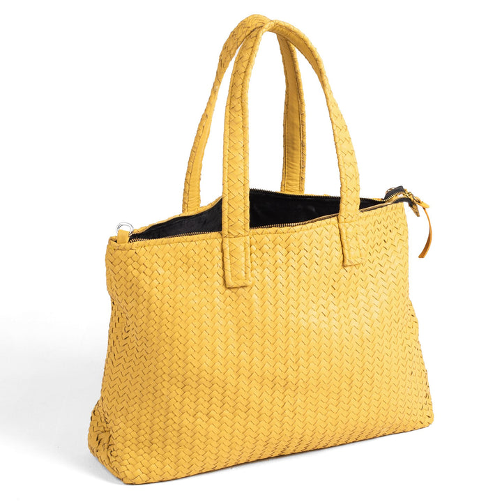Handmade Woven Original Leather Bag With Zipper-Yellow - Image 1