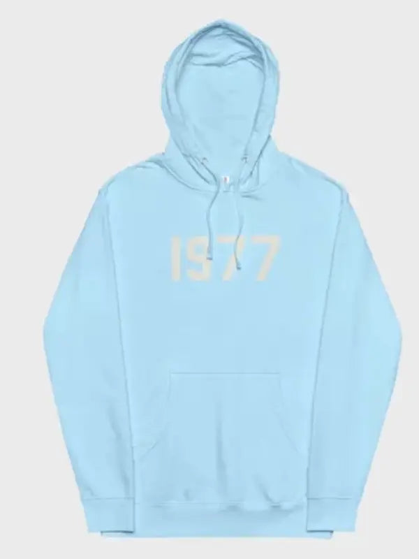Front view of light blue hoodie, featuring '1977' text 