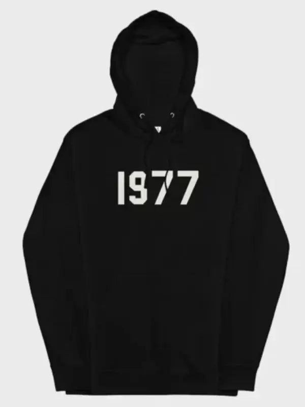 Front view of black hoodie, featuring white '1977' text 