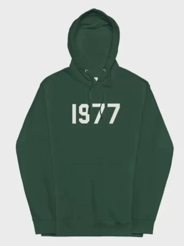 Front view of green hoodie, featuring '1977' text