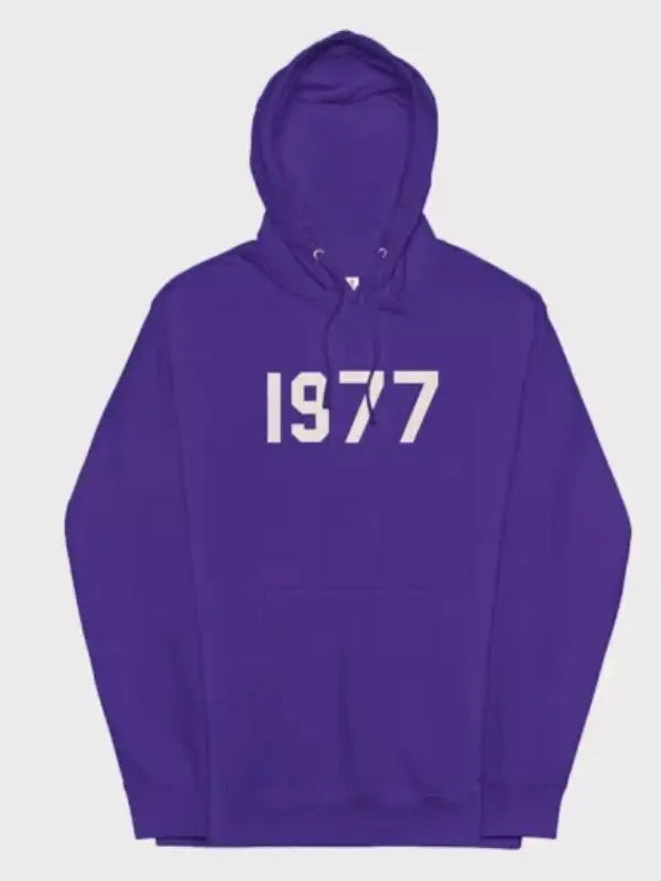 Front view of pullover hoodie, featuring '1977' text