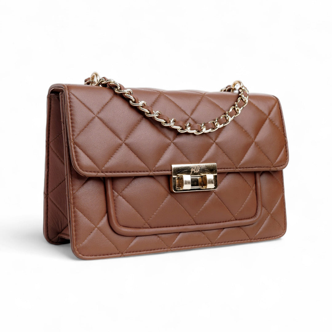 Flora Quilted Crossbody Leather Bag - Tan Brown - Image 3