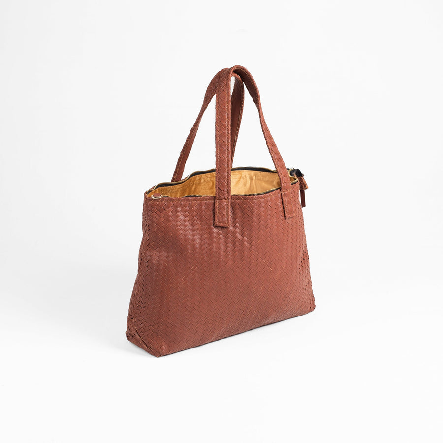 Handmade Woven Original Leather Bag With Zipper-Tan Brown - Image 1