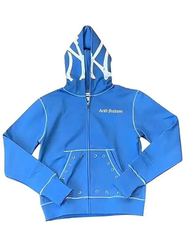 Front view of blue zip-up hoodie featuring 'Anti System' text