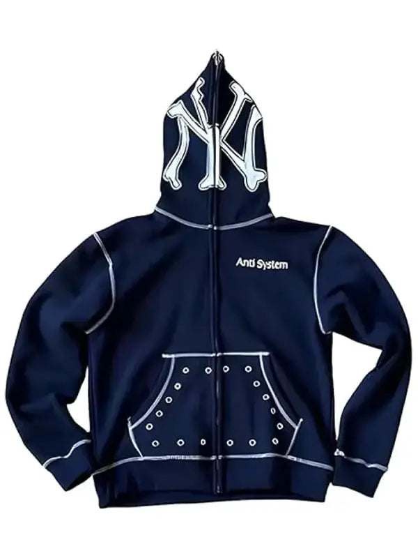 Front view of a navy blue zip-up hoodie featuring Anti System text