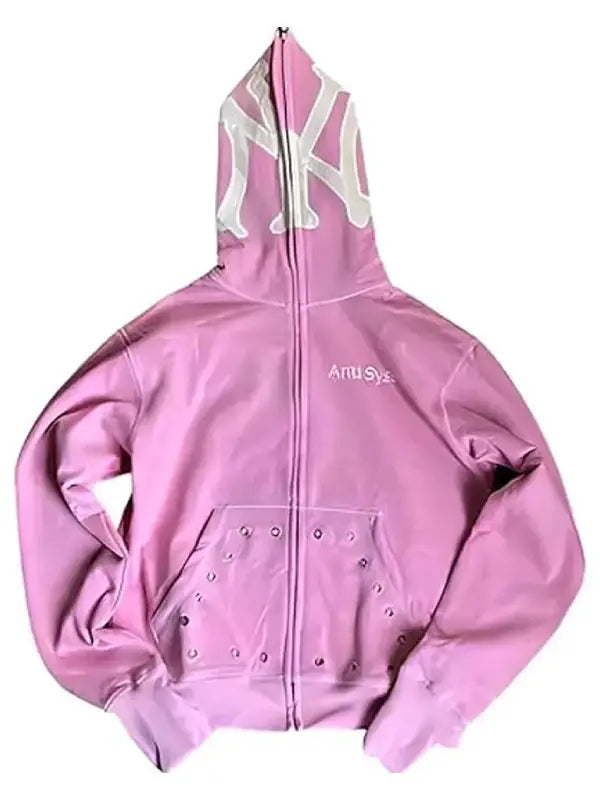 Front view of a pink zip-up hoodie featuring Anti System text