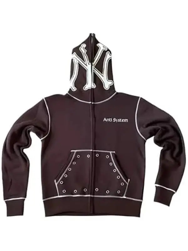 Front view of a brown zip-up hoodie featuring 'Anti System' text 