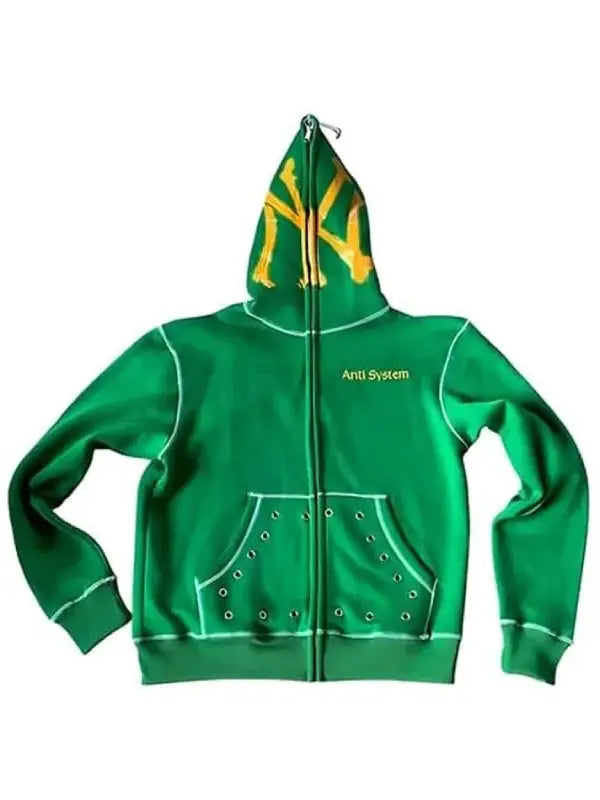 Front view of green zip-up hoodie featuring 'Anti System' text