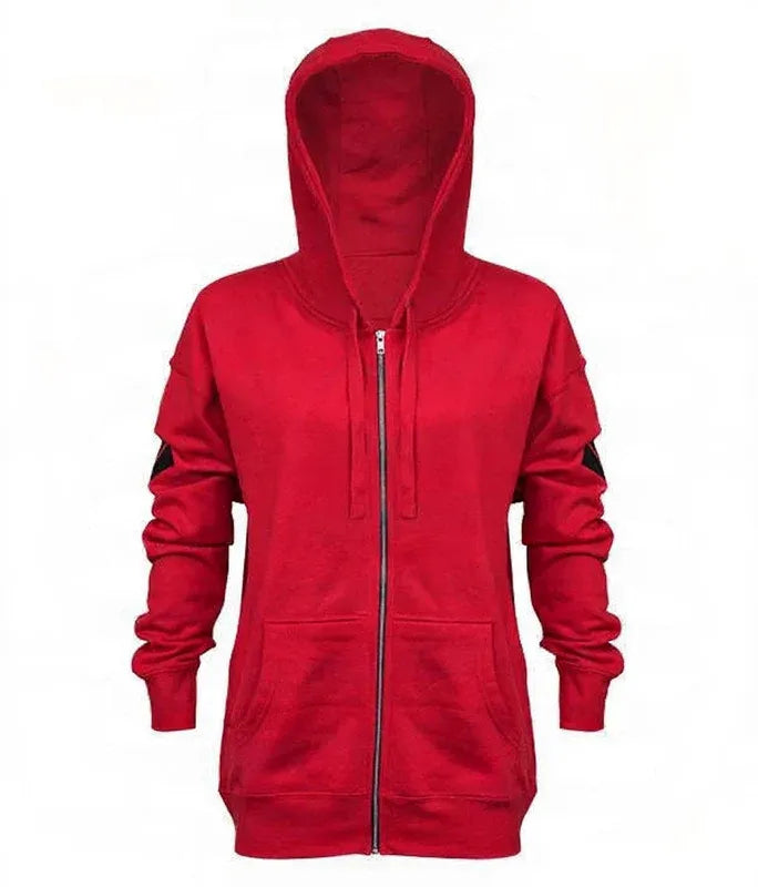 Red hoodie with a zipper on a white background