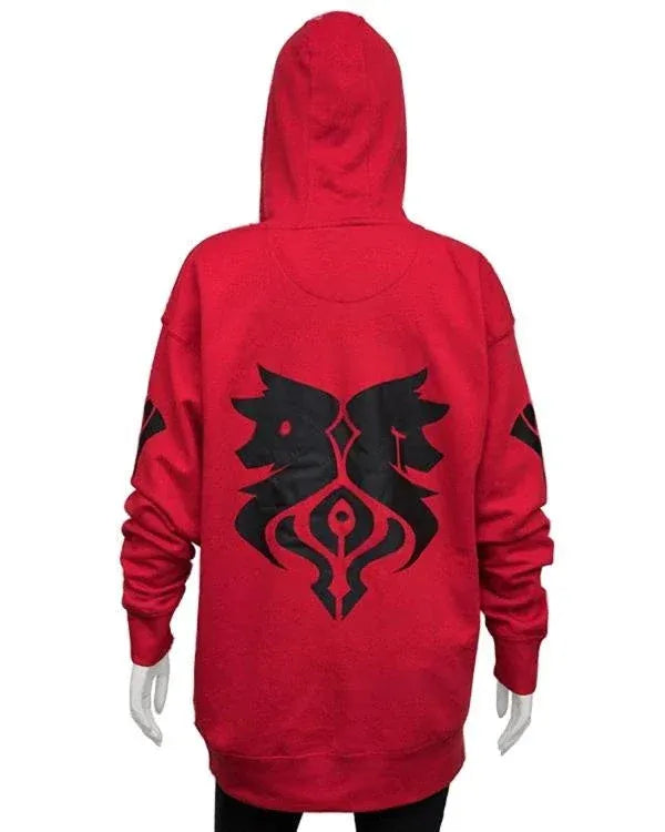 Red hoodie with black wolf emblem on the back against a white background