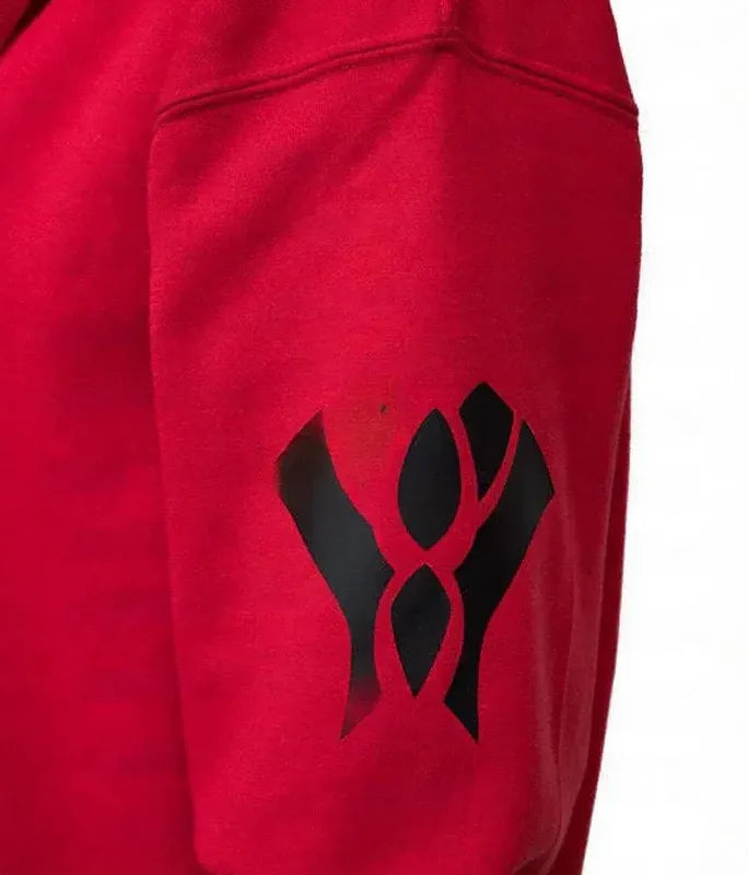 Red sweatshirt with a black logo on a white background