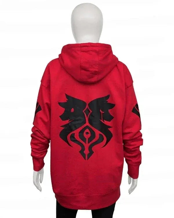 Red hoodie with black wolf design on the back, displayed on a mannequin against a white background.