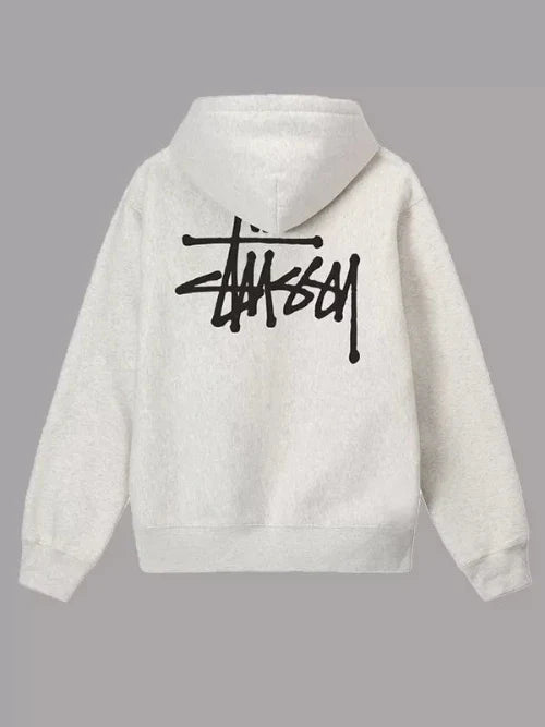 Back view of  beige Stussy pullover hoodie