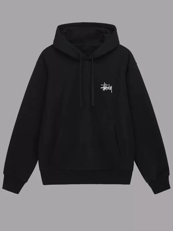 Front view of a black pullover Stussy hoodie