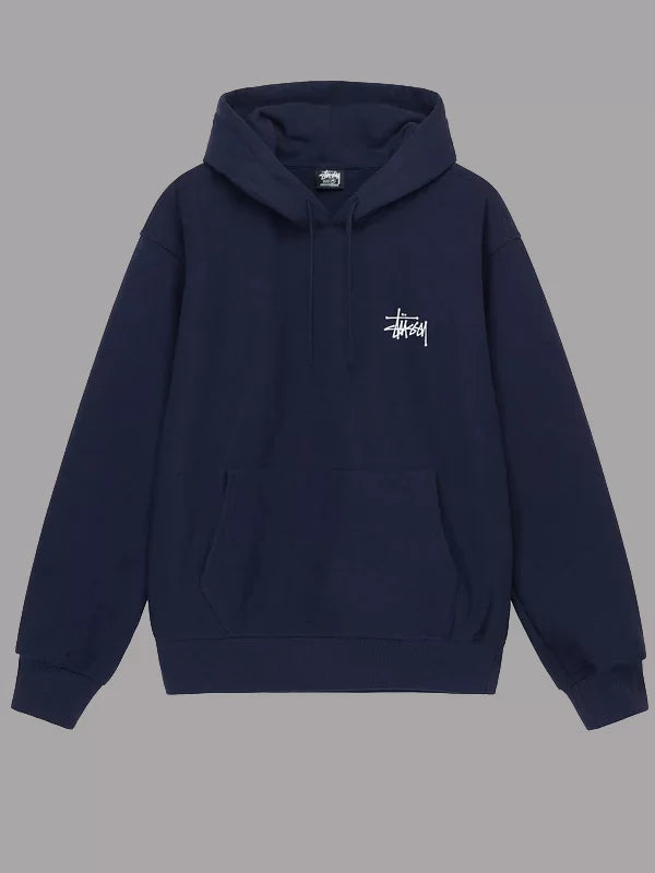 Front view of a navy Stussy  pullover hoodie