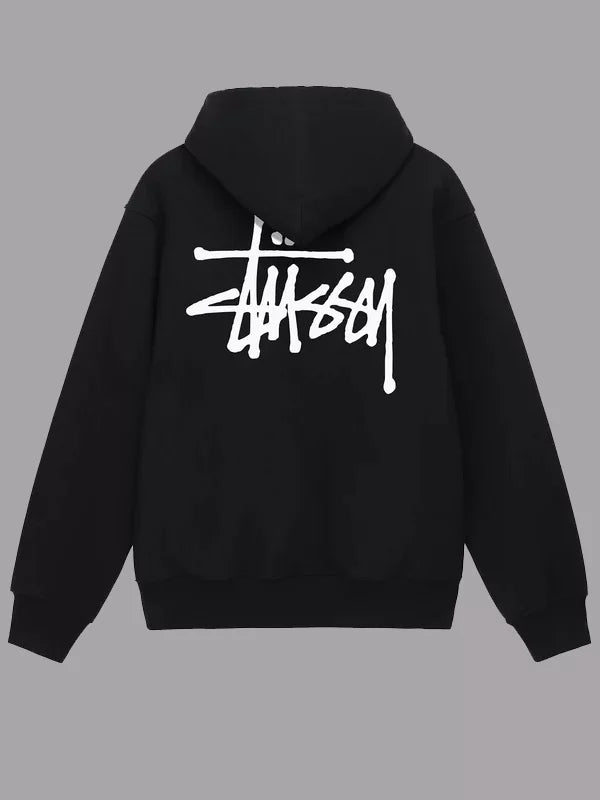 Back view of a black pullover Stussy hoodie