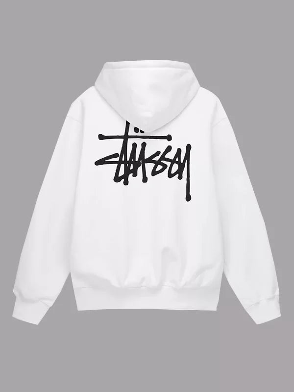 Back view of a white pullover Stussy hoodie