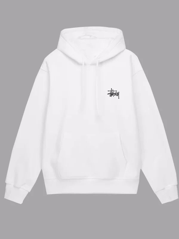 Front view of a white pullover Stussy hoodie