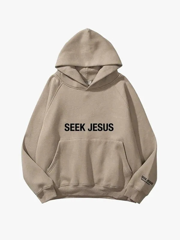 Front view of beige pullover hoodie, featuring 'SEEK JESUS' text