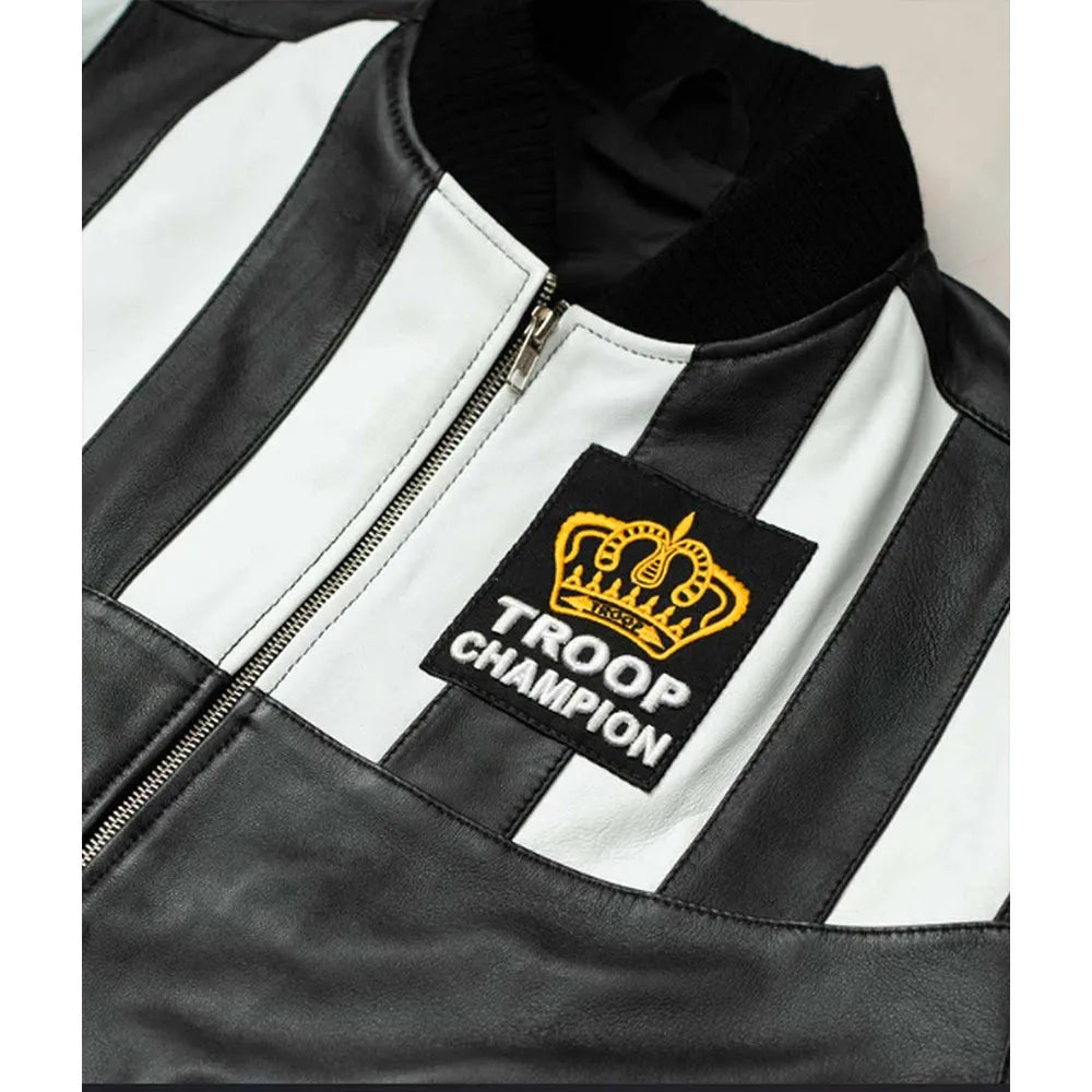 Black LL Cool J Troop Champion Bomber Leather Jacket, close-up