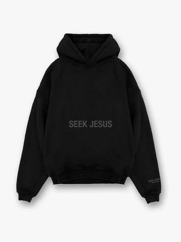 Front view of black hoodie, featuring 'SEEK JESUS' text 