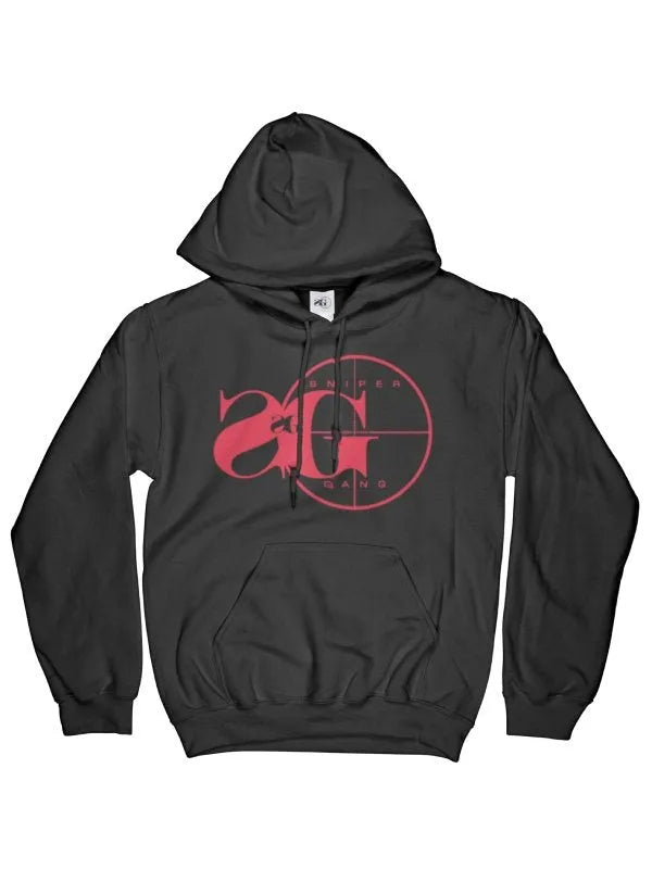Front view of a black hoodie, featuring red Sniper Gang 'SG' logo