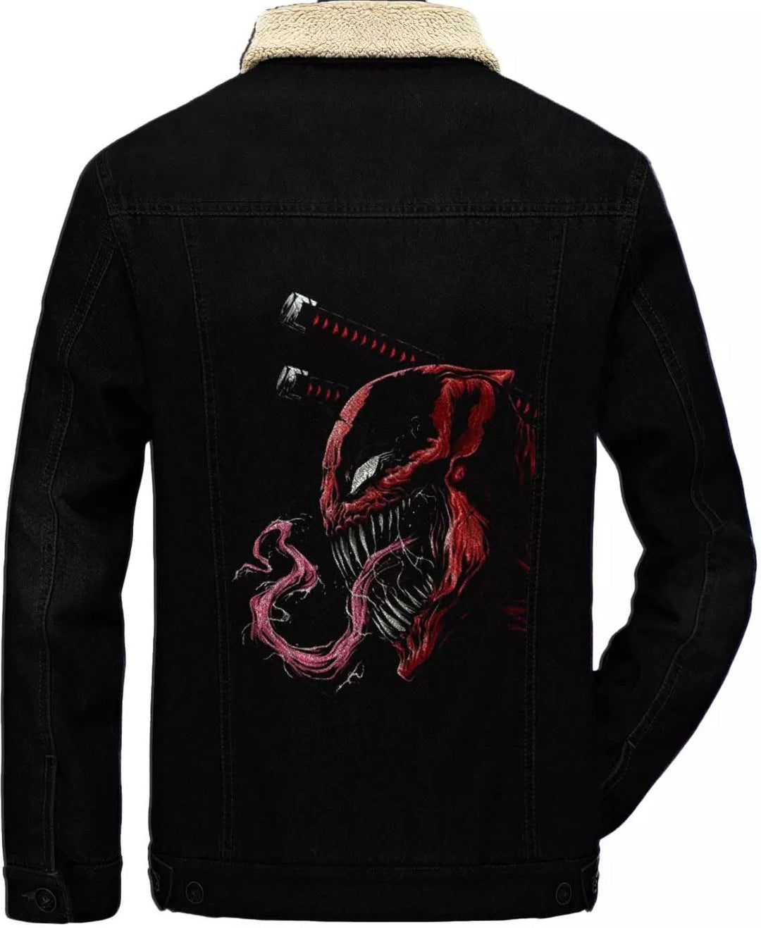 Black Deadpool x Venom Denim Jacket With Fur Back View