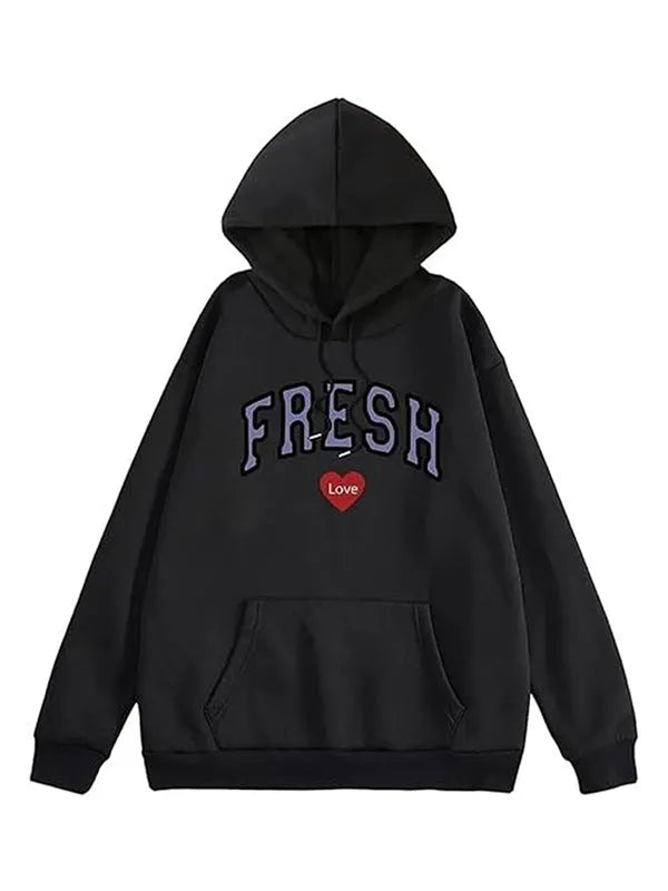 Front view of a black pullover hoodie with text 'FRESH LOVE '