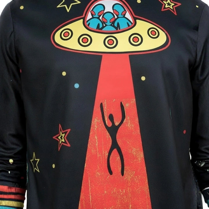 Black shirt with a UFO and alien abduction design