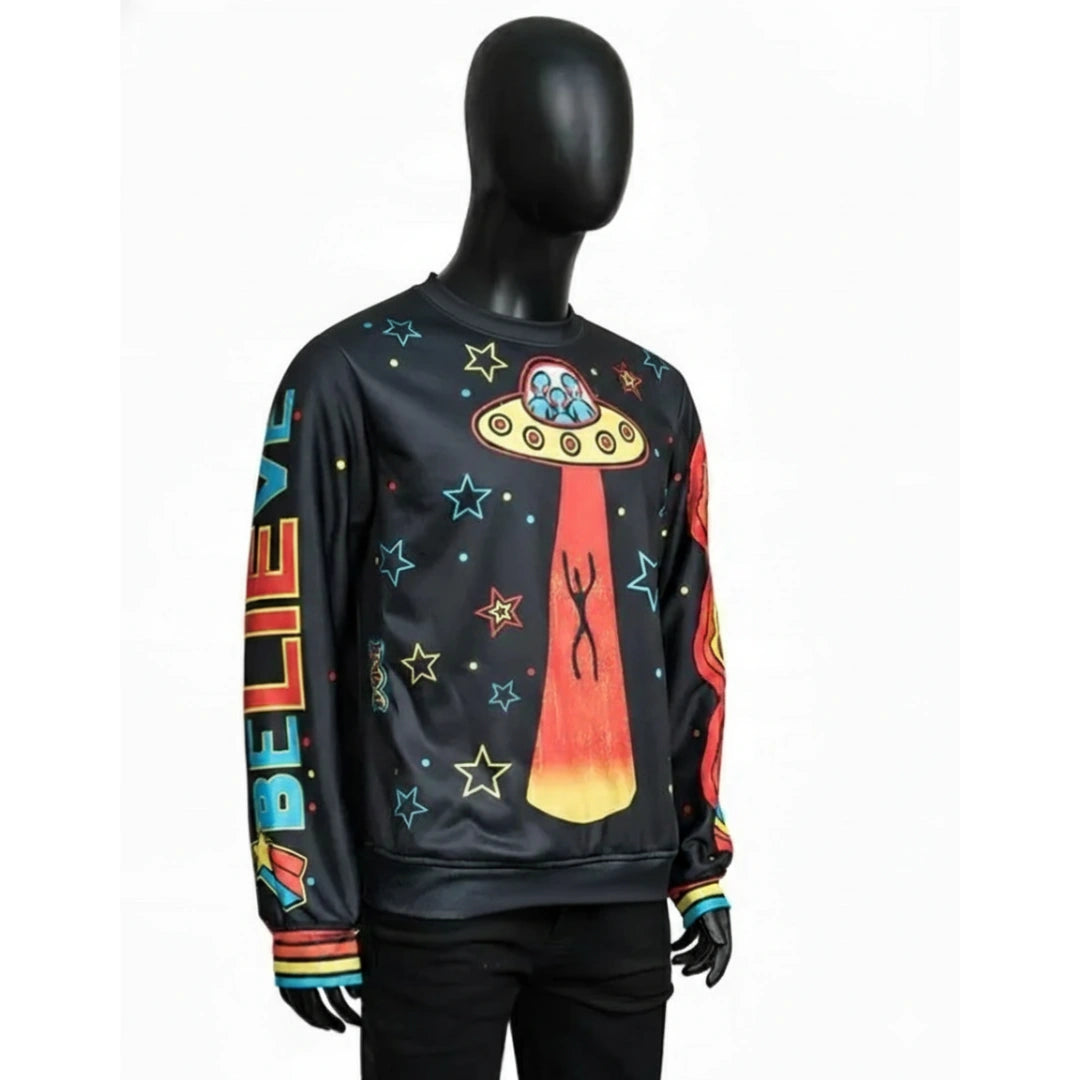 Black sweatshirt with colorful alien spaceship design on a mannequin against a white background