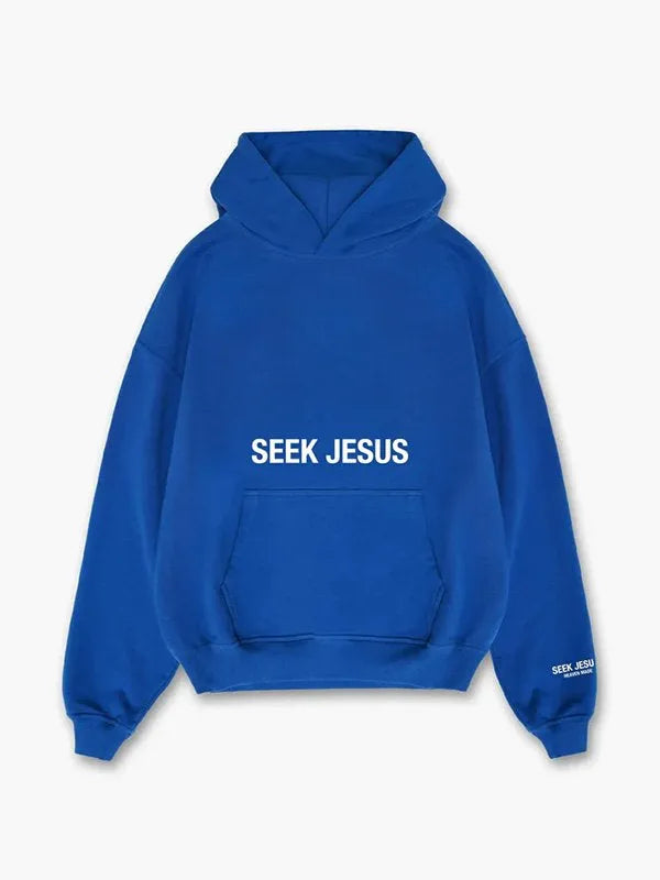 Front view of blue hoodie, featuring 'SEEK JESUS' text