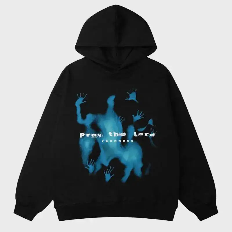 Black pullover hoodie featuring the text 'PRAY THE LORD REENNESS'.