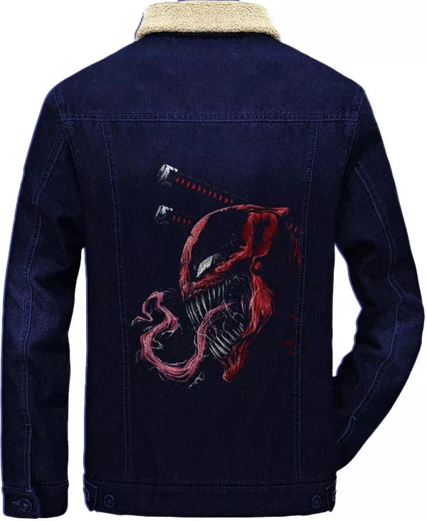 Blue Deadpool x Venom Denim Jacket With Fur Back View