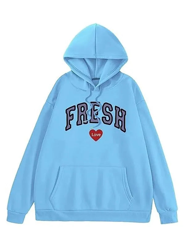 Front view of blue pullover hoodie with text 'FRESH Love'.