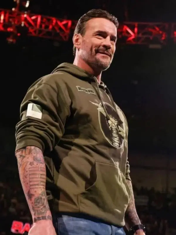 Front view of Olive Green CM Punk Hoodie