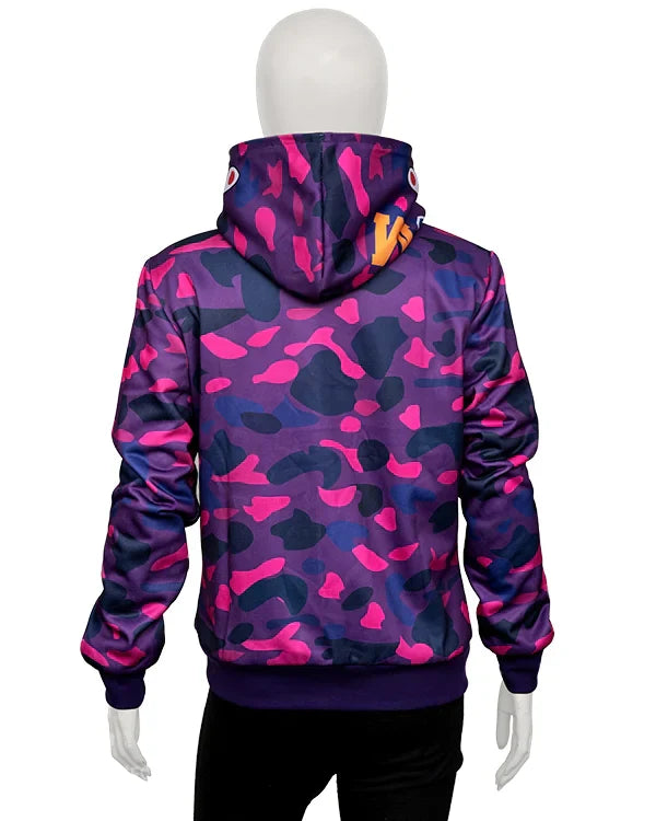 Back view of Camo Shark Full Zipper Purple Bape Camo Hoodie