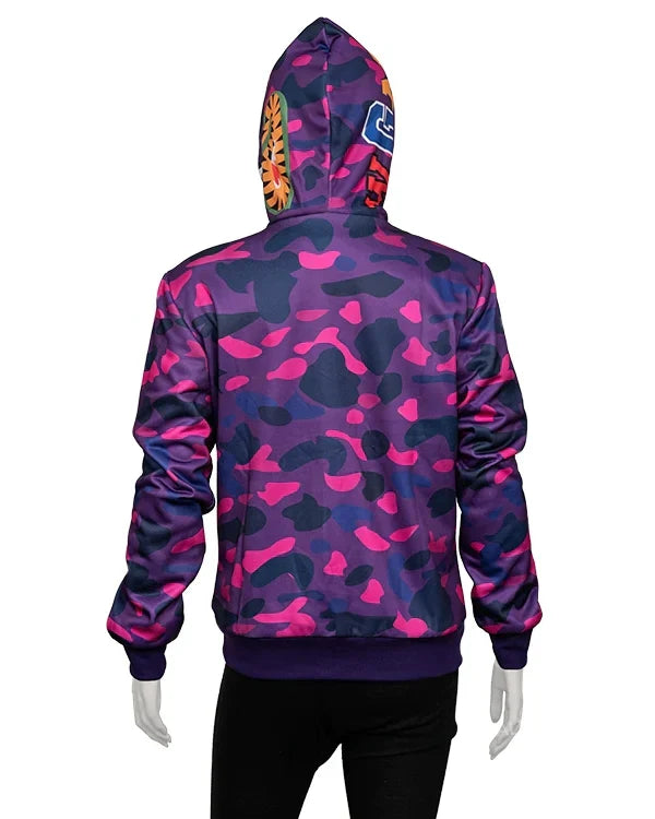 Back view of the purple camouflage zip-up hoodie