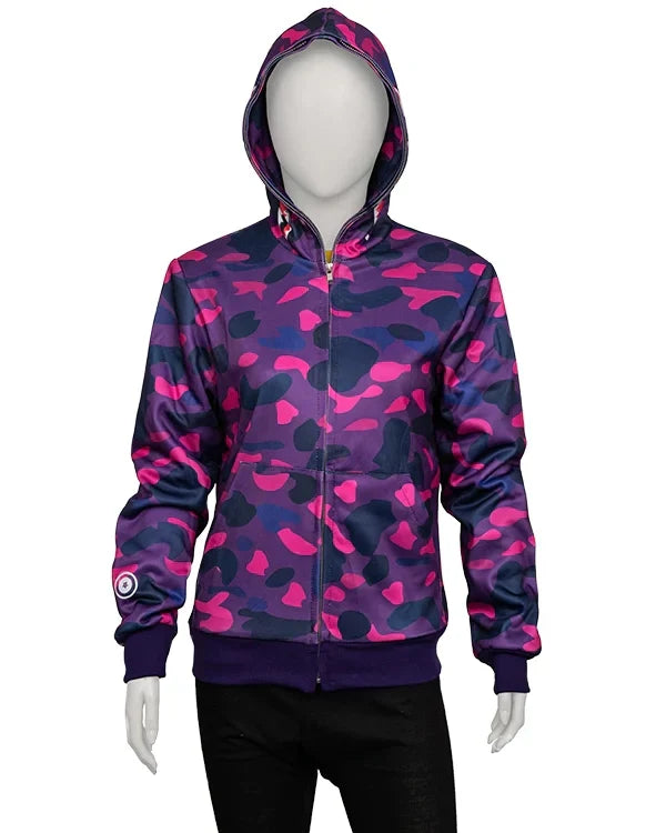 Front view of Camo Shark Full Zipper Purple Bape Camo Hoodie 