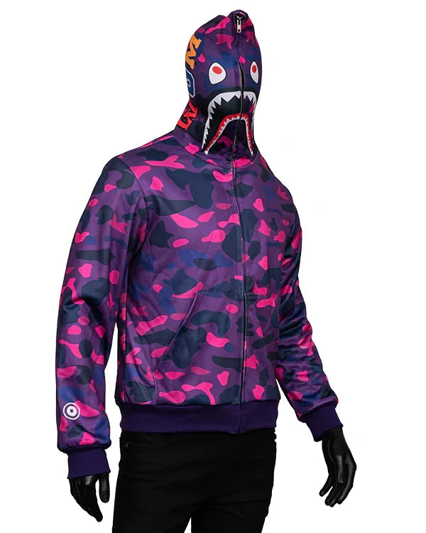 Side view of Camo Shark Full Zipper Purple Bape Camo Hoodie