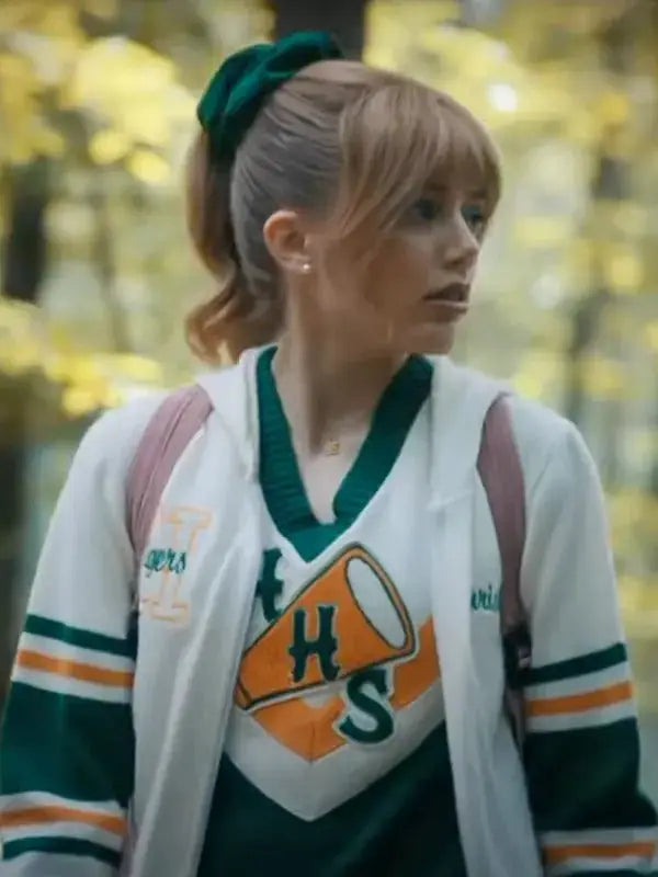 Front view of Chrissy from Stranger Things, wearing a white zip-up hoodie