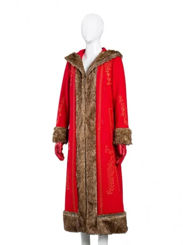 Full-length view of a red coat with brown fur trim