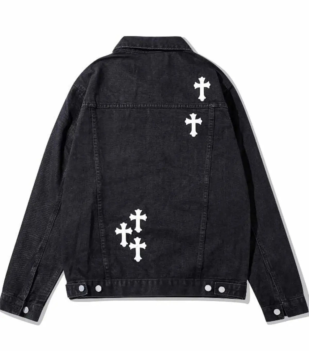 Back view of a black denim jacket featuring white cross