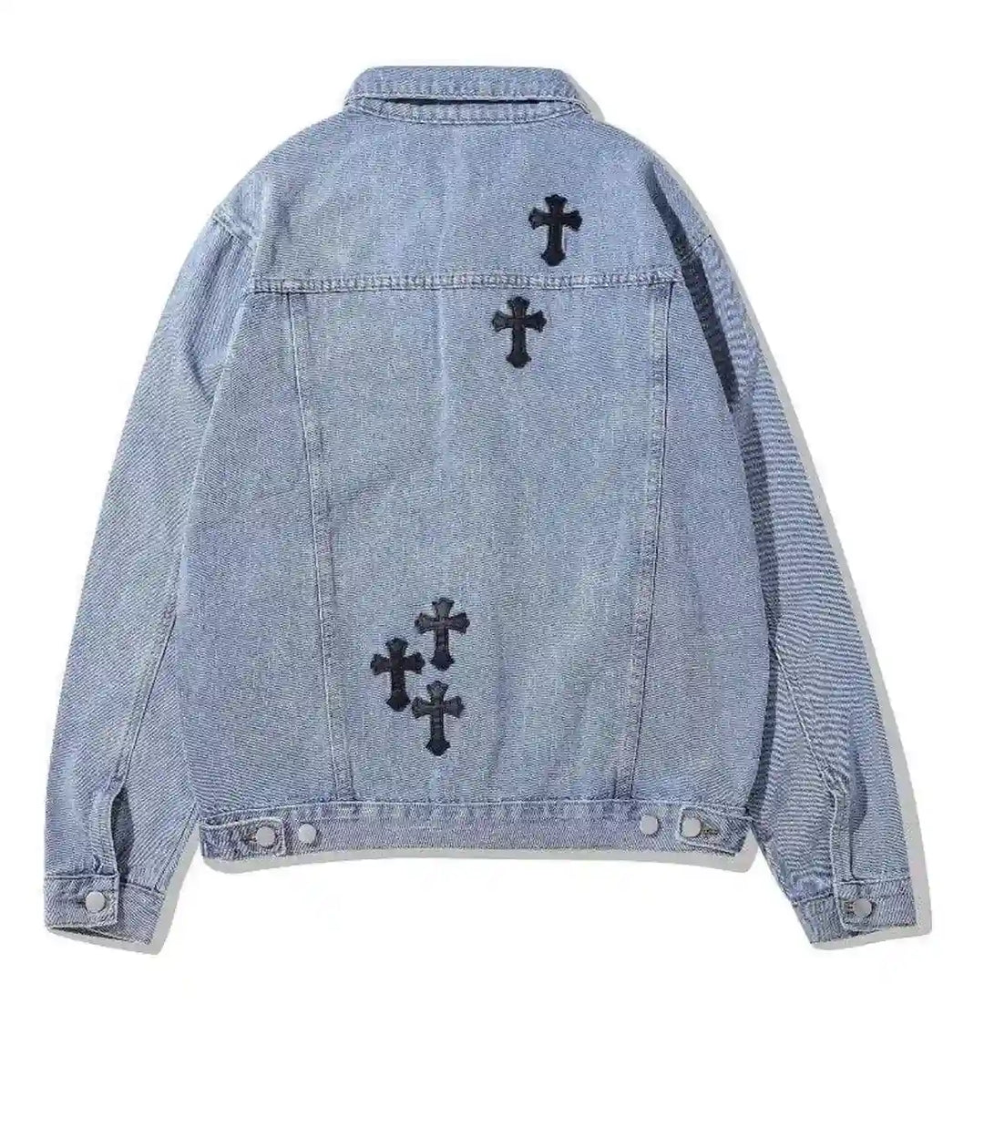 Back view of blue denim jacket featuring black cross 